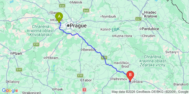 Map: Prague Airport (PRG) to Jihlava