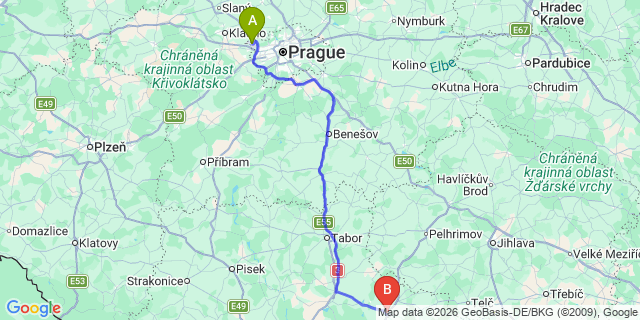 Map: Prague Airport (PRG) to Jindrichuv Hradec