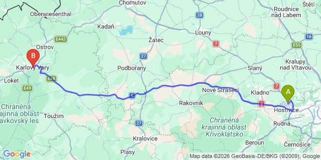 Map: Prague Airport (PRG) to Karlovy Vary