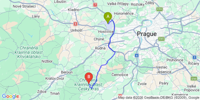 Map: Prague Airport (PRG) to Karlstejn