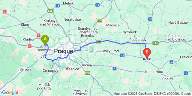 Map: Prague Airport (PRG) to Kolin