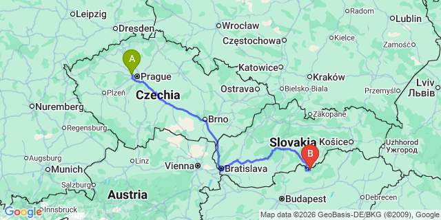 Map: Prague Airport (PRG) to Krakow