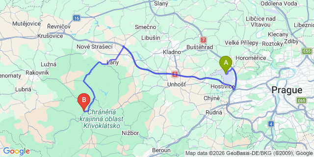 Map: Prague Airport (PRG) to Krivoklat
