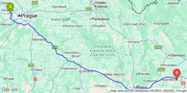 Map: Prague Airport (PRG) to Kromeriz