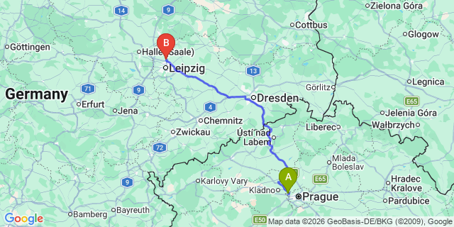 Map: Prague Airport (PRG) to Leipzig