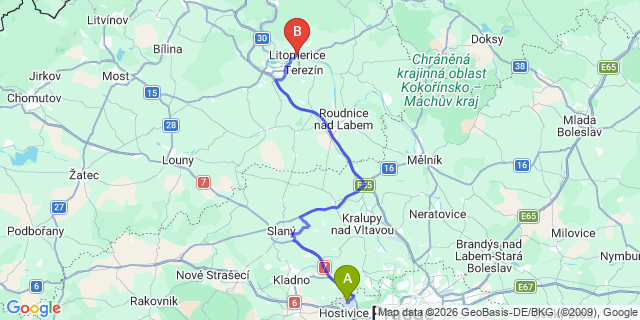 Map: Prague Airport (PRG) to Litoměřice