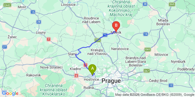 Map: Prague Airport (PRG) to Melnik