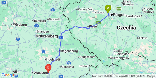 Map: Prague Airport (PRG) to cancelMunich (all areas)