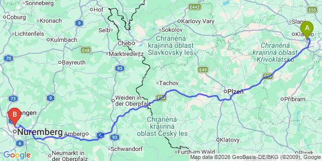 Map: Prague Airport (PRG) to Nürnberg city (all areas)