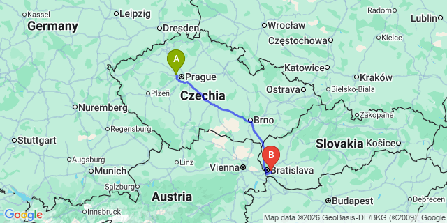 Map: Prague Airport (PRG) to Olomouc