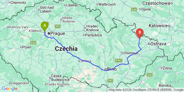 Map: Prague Airport (PRG) to Opava