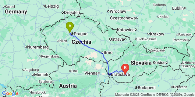 Map: Prague Airport (PRG) to Ostrava