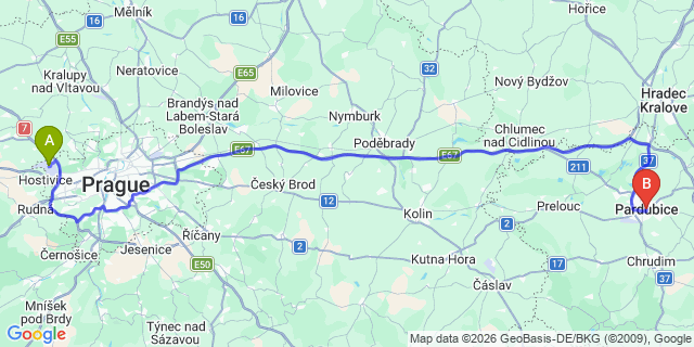 Map: Prague Airport (PRG) to Pardubice