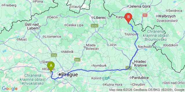 Map: Prague Airport (PRG) to Pec-pod-Sněžkou