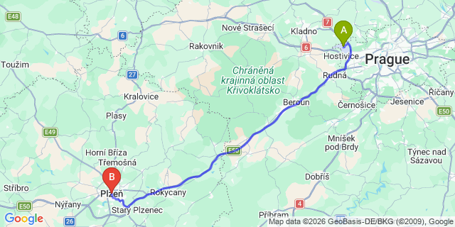 Map: Prague Airport (PRG) to Plzeň 
