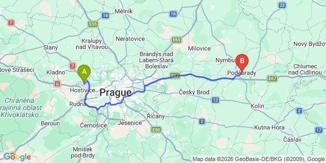Map: Prague Airport (PRG) to Poděbrady 