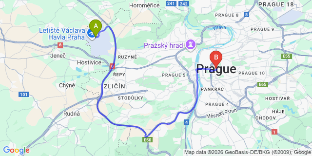 Map: Prague Airport (PRG) to Prague city (all areas)