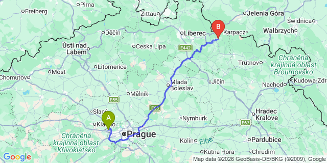 Map: Prague Airport (PRG) to Rokytnice-nad-Jizerou