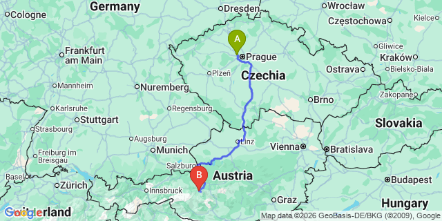 Map: Prague Airport (PRG) to Salzburg