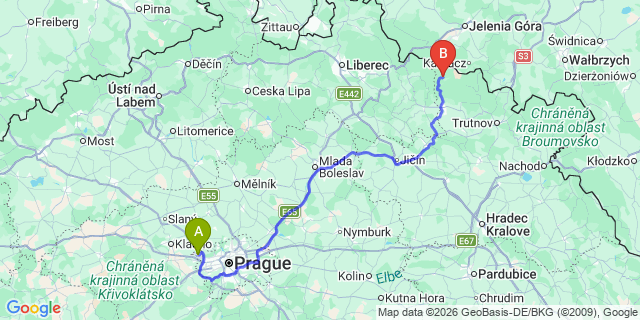 Map: Prague Airport (PRG) to Spindleruv-Mlyn