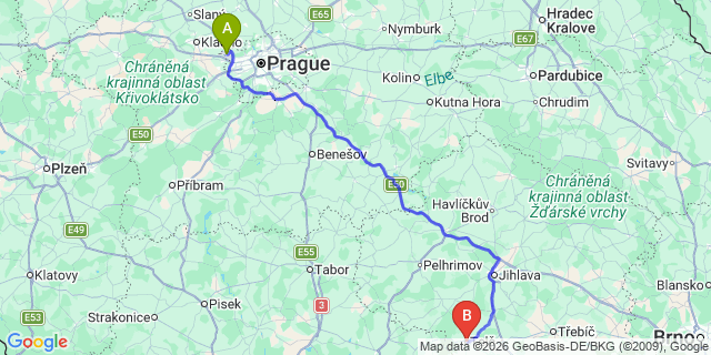 Map: Prague Airport (PRG) to Telc