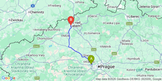 Map: Prague Airport (PRG) to Teplice