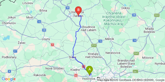 Map: Prague Airport (PRG) to Terezin