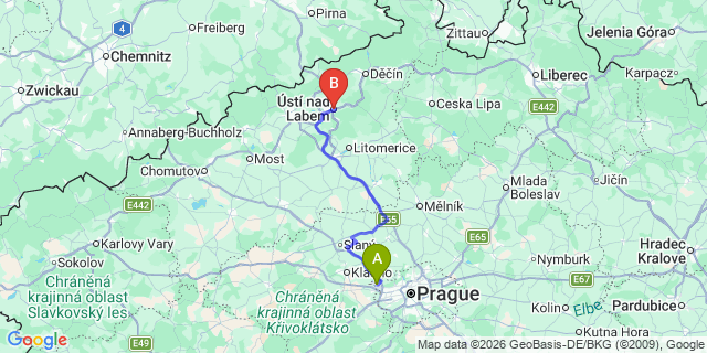 Map: Prague Airport (PRG) to Ustí-nad-Labem