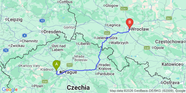 Map: Prague Airport (PRG) to Wroclaw