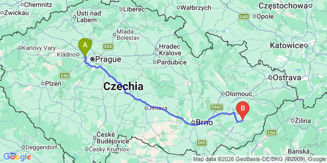 Map: Prague Airport (PRG) to Zlin