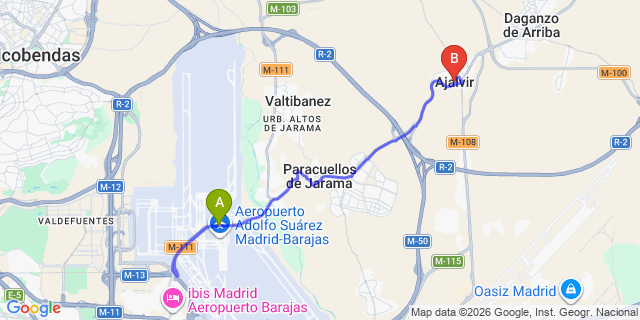 Map: Madrid Airport (MAD) to Ajalvir