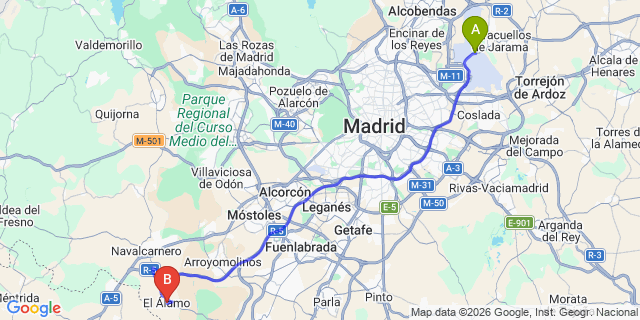 Map: Madrid Airport (MAD) to El Alamo