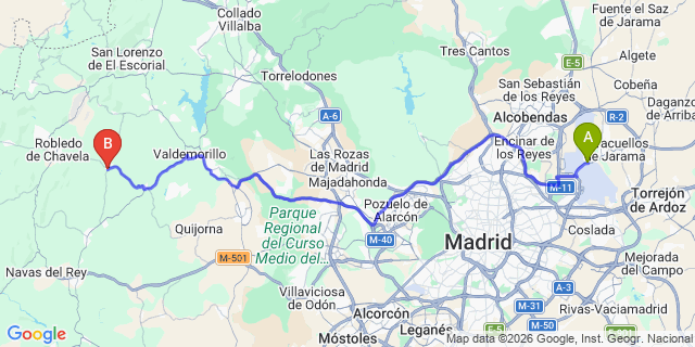 Map: Madrid Airport (MAD) to Fresnedillas de Oliva