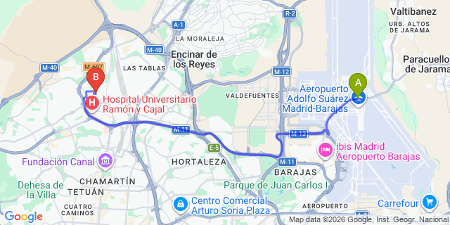 Map: Madrid Airport (MAD) to Fuencarral