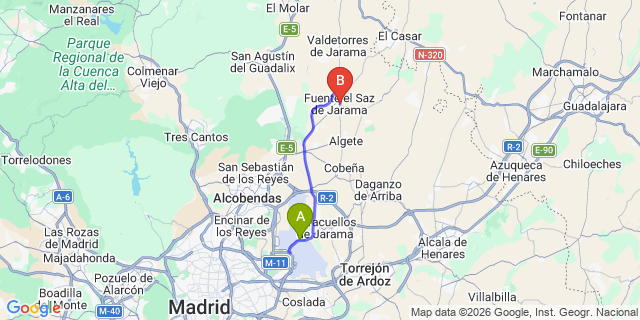 Map: Madrid Airport (MAD) to Fuente del Saz del Jarama