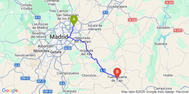 Map: Madrid Airport (MAD) to Fuentiduena del tajo
