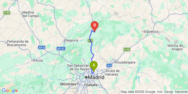Map: Madrid Airport (MAD) to Horcajuelo de la Sierra