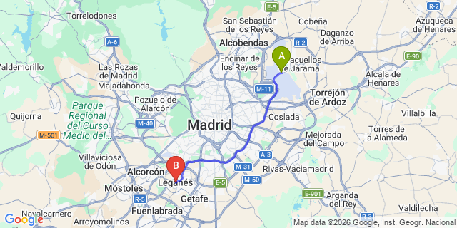 Map: Madrid Airport (MAD) to Leganes