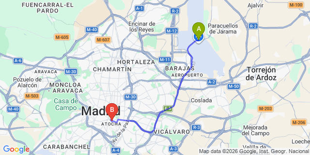 Map: Madrid Airport (MAD) to Madrid Atocha train station