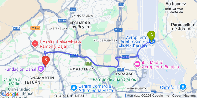 Map: Madrid Airport (MAD) to Madrid Chamartin train station