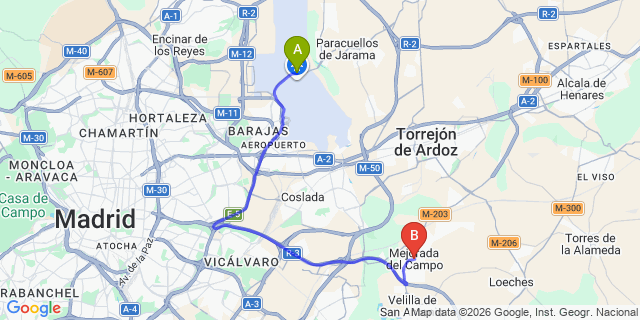 Map: Madrid Airport (MAD) to Mejorada del Campo