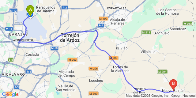 Map: Madrid Airport (MAD) to Nuevo Baztan