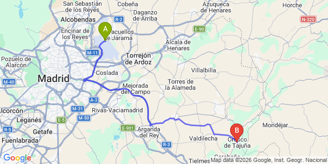 Map: Madrid Airport (MAD) to Oruscu de Tajuna