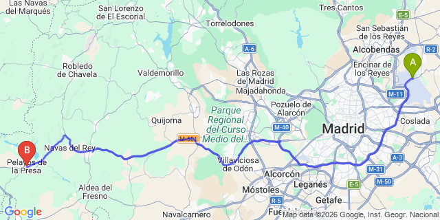 Map: Madrid Airport (MAD) to Pelayos de la Presa
