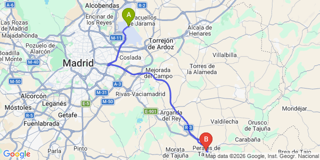Map: Madrid Airport (MAD) to Perales de Tajuna