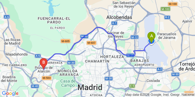 Map: Madrid Airport (MAD) to Pozuelo de Alarcon
