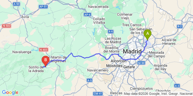 Map: Madrid Airport (MAD) to Rozas del Puerto Real
