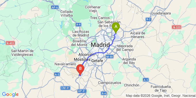 Map: Madrid Airport (MAD) to Serranillos del Valle