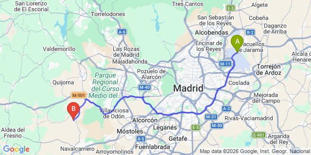 Map: Madrid Airport (MAD) to Sevilla la Nueva