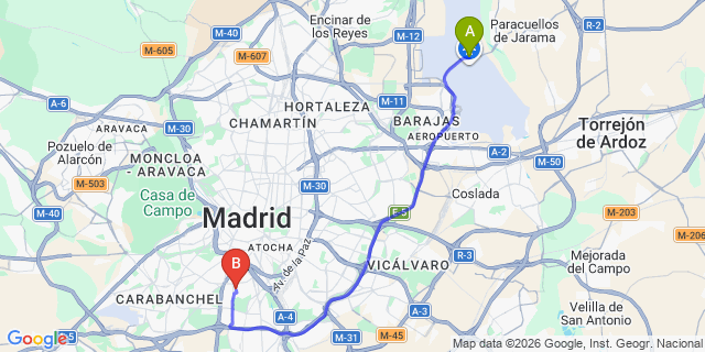 Map: Madrid Airport (MAD) to Usera